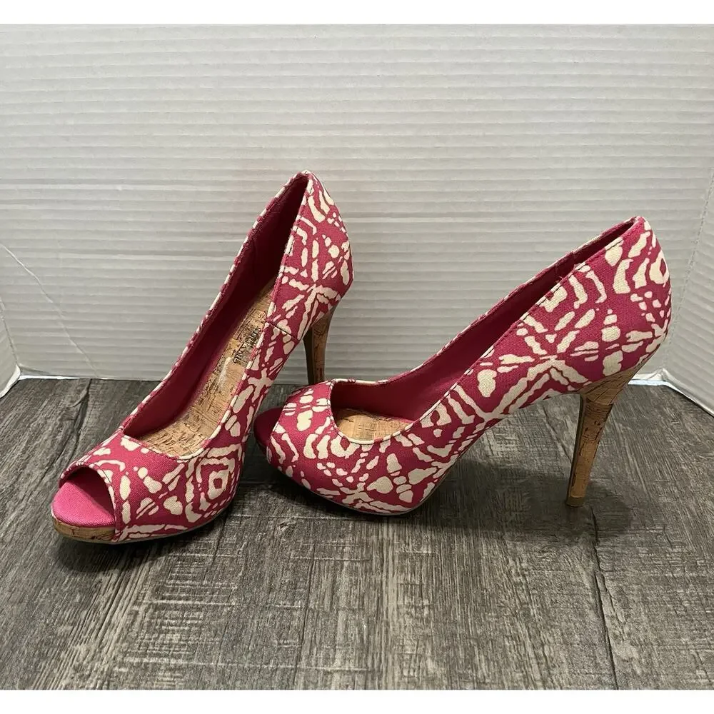 CHRISTIAN SIRIANO Women’s Pink & White Ikat Canvas & Cork Peep Toe Pump Heel 7.5 - Picture 1 of 8